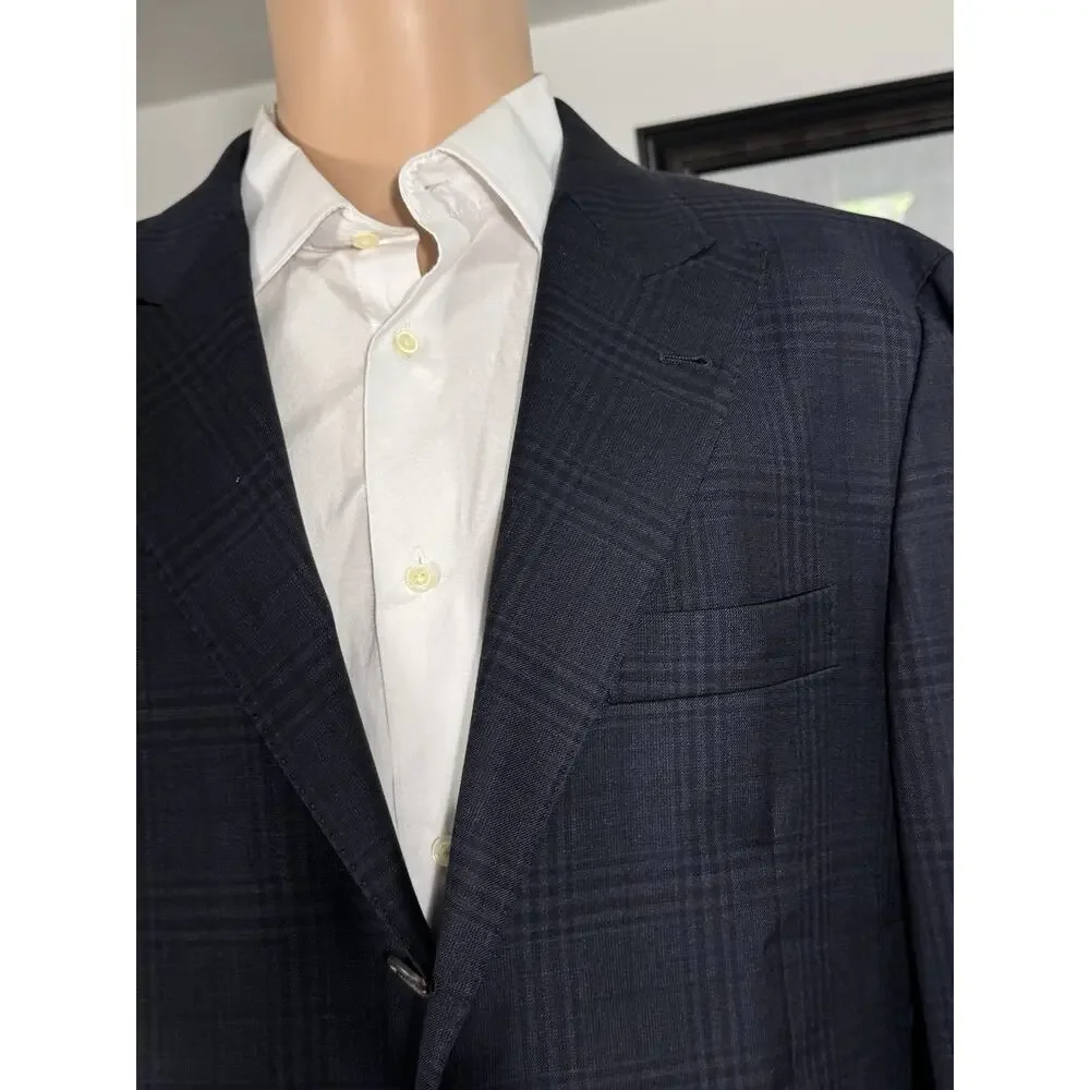 Brunello Cucinelli Navy Peak Lapel Wool Sportcoat Suit Jacket Blazer Plaid 54/44